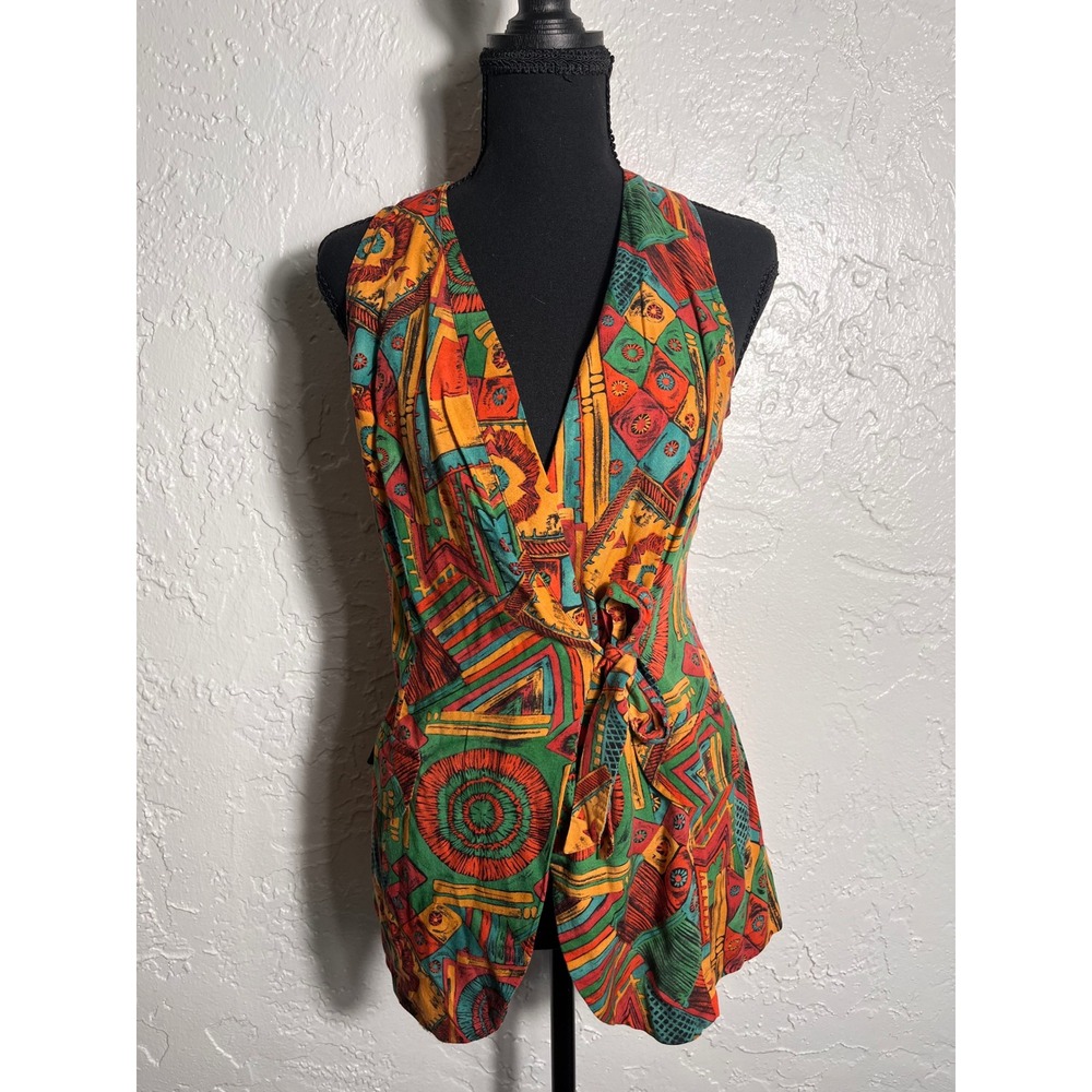 Vintage‎ Marnie West Rayon Tie Front Vest Abstract Boho Artsy Top Women's 9